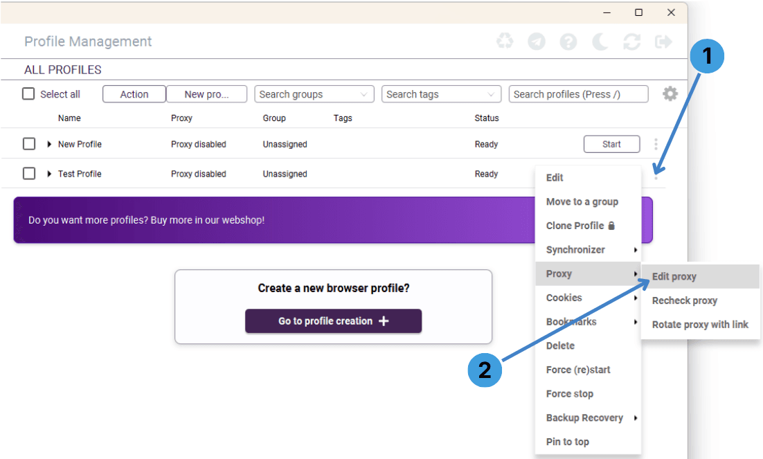 Open proxy settings for a profile