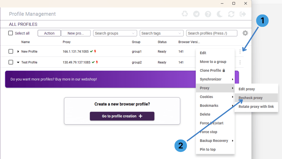 Check proxy connectivity for a profile