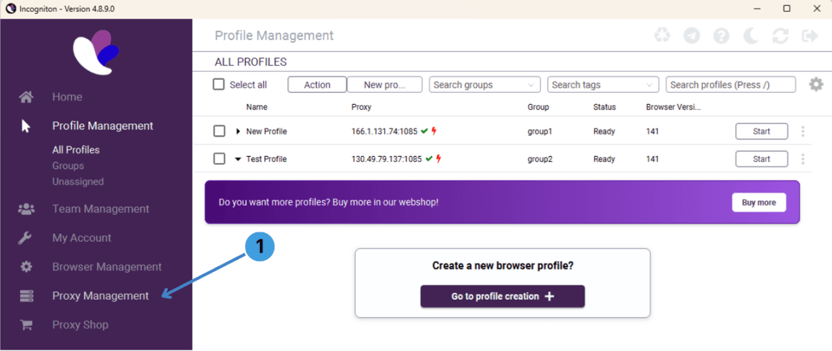 Open the global Proxy Management panel