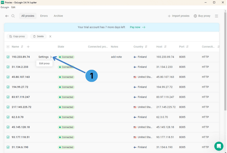 Open proxy settings