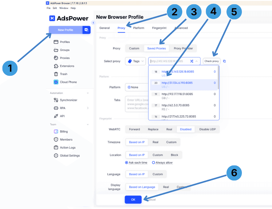 Assign a saved proxy to a browser profile