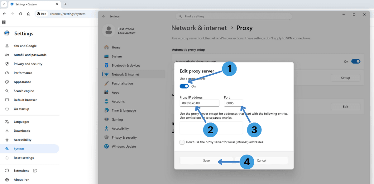 Enter proxy address and port