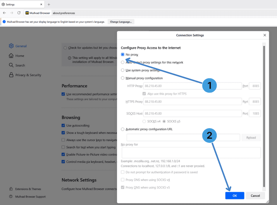 Disable the proxy in Mullvad Browser