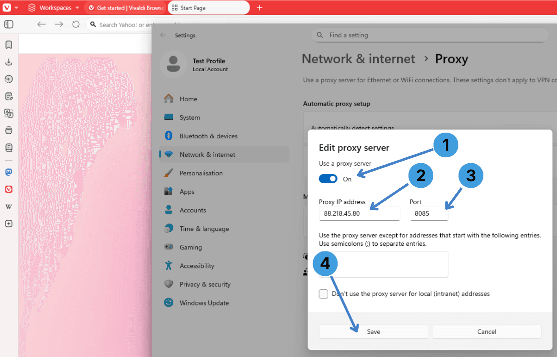 Turn the proxy on and enter server details