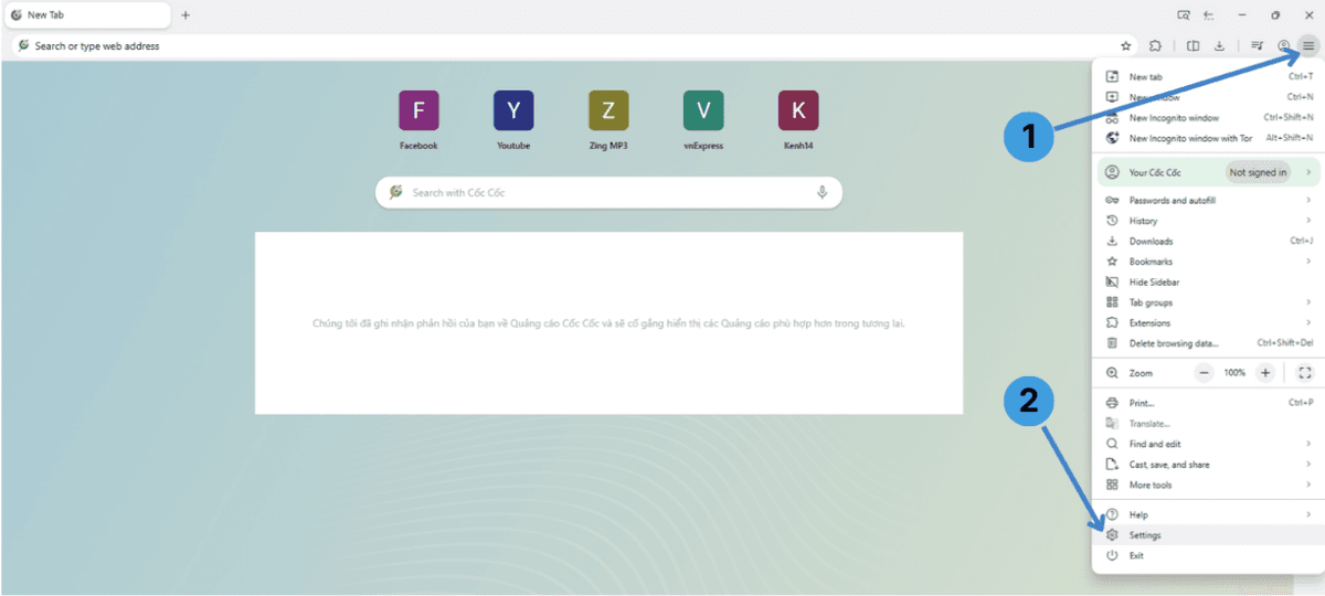 Step 1. Open the Cốc Cốc menu and go to Settings