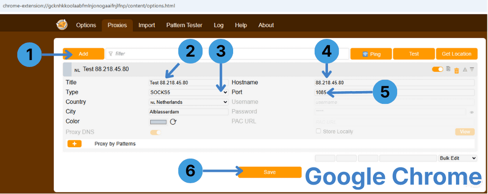 In FoxyProxy for Chrome, click “Add”, enter a title, choose the proxy type, fill in hostname and port, then click “Save”