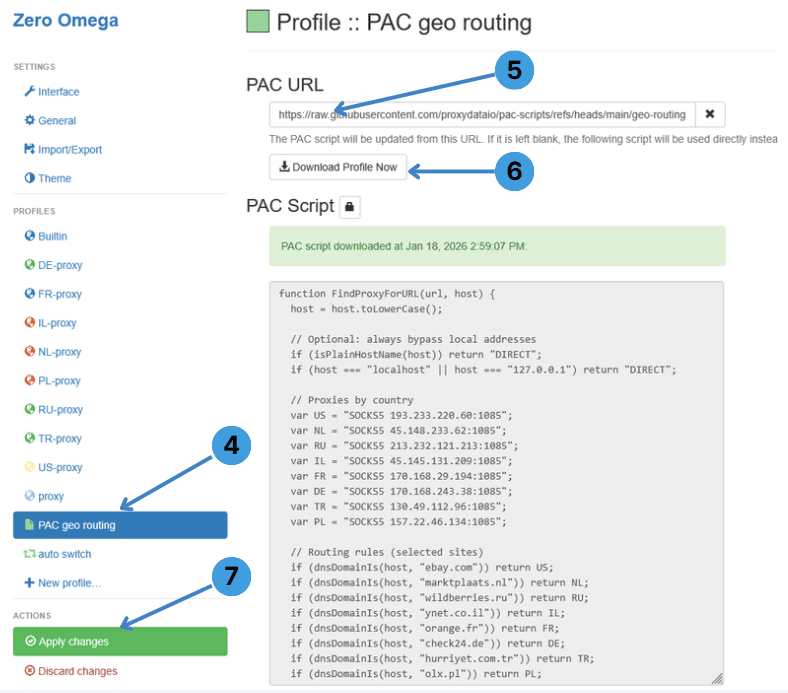 Open your new PAC profile in ZeroOmega, paste the PAC URL, then click &ldquo;Apply changes&rdquo; to activate it