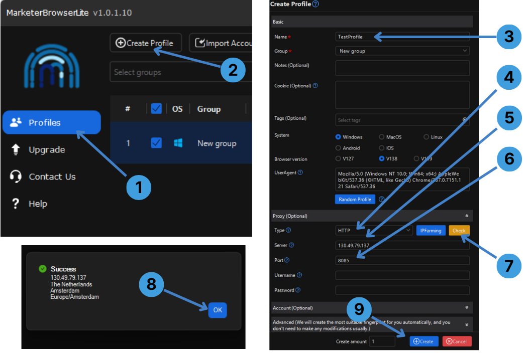 Create a profile and add a proxy