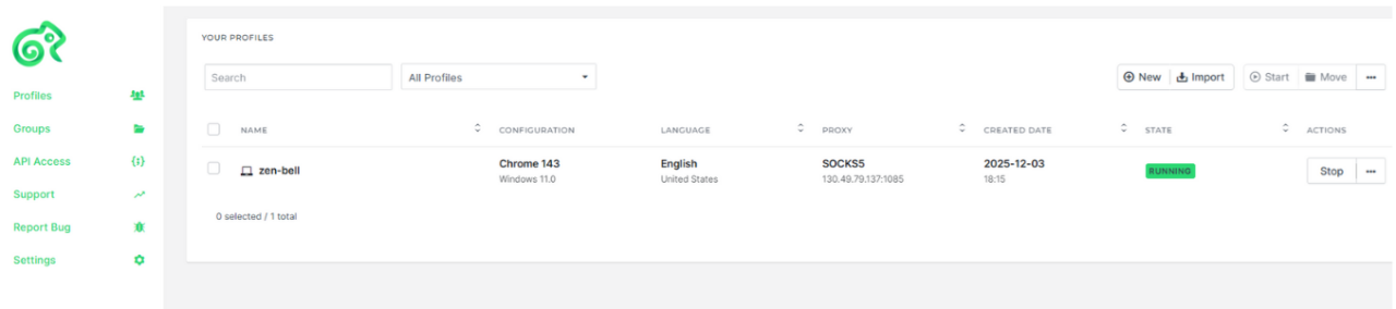 Confirm the profile is running through the proxy