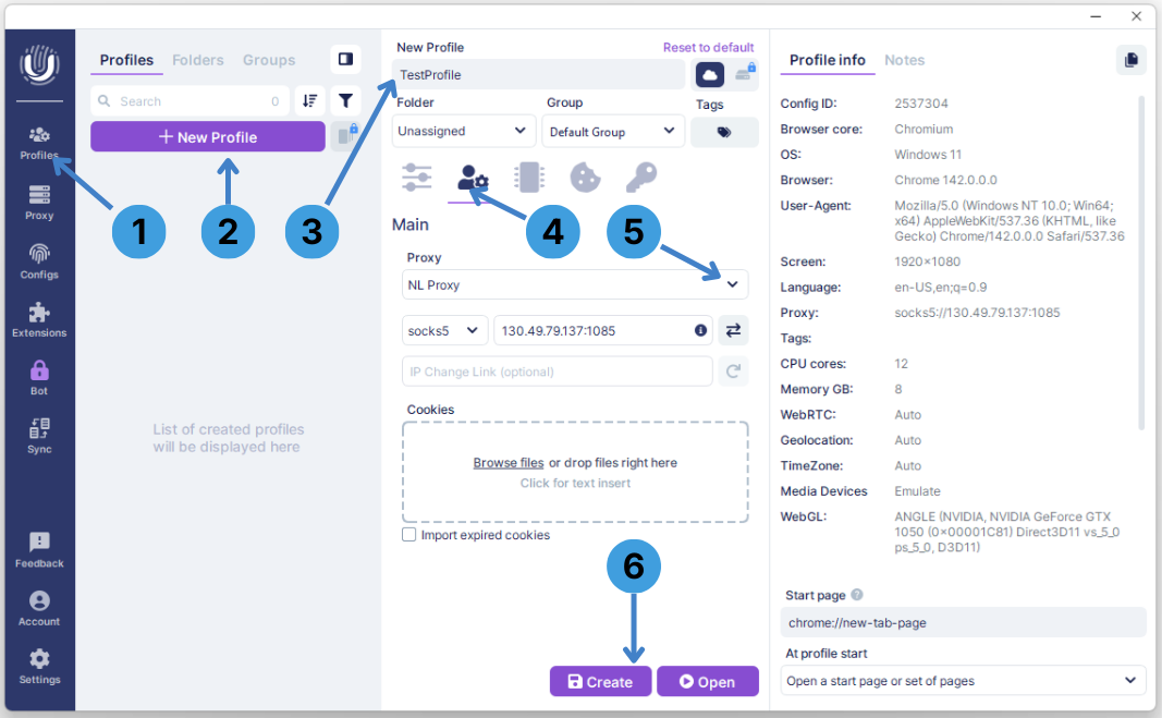 Create a profile and attach a proxy