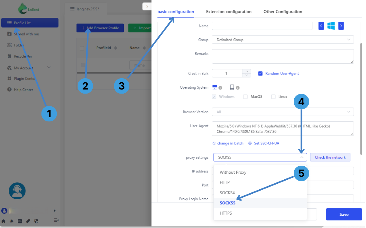 Create a profile and select SOCKS5