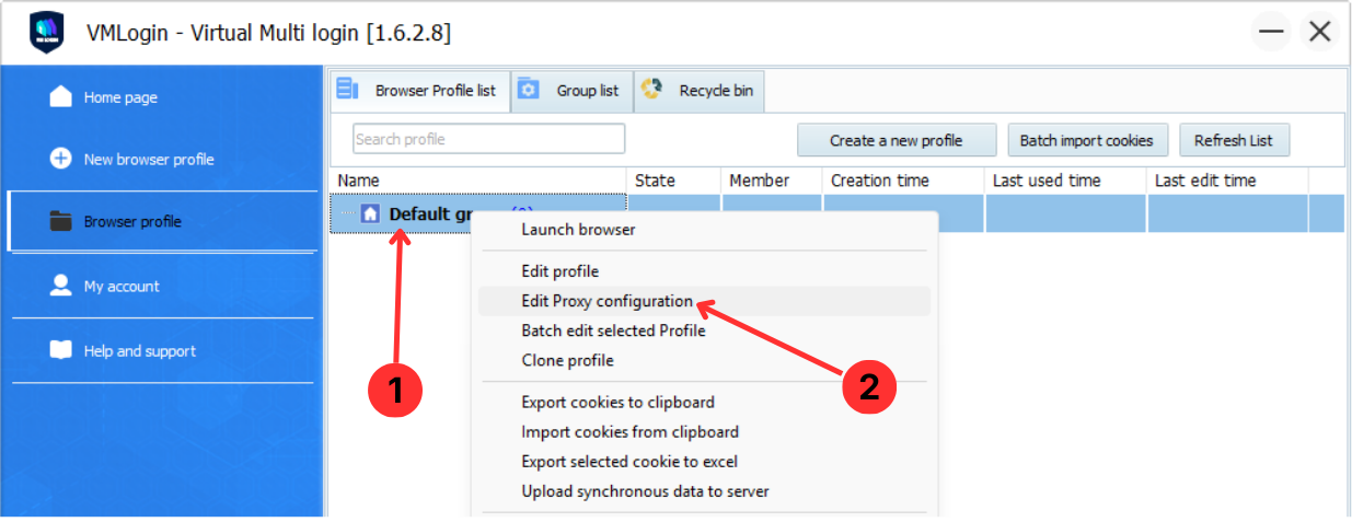 Open proxy configuration for the profile