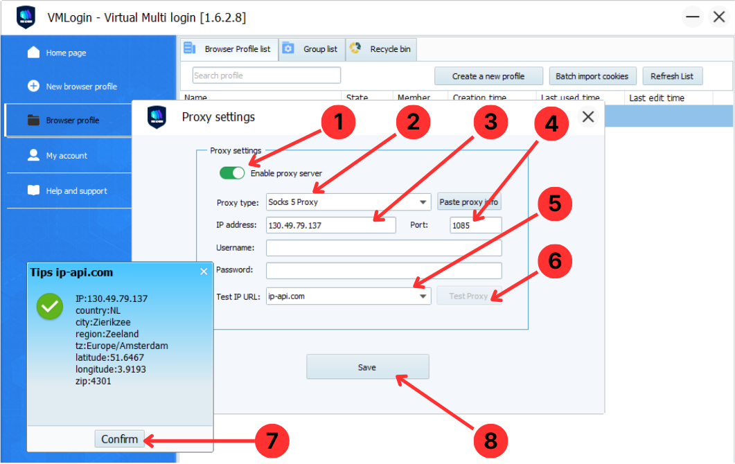 Enter and test proxy settings