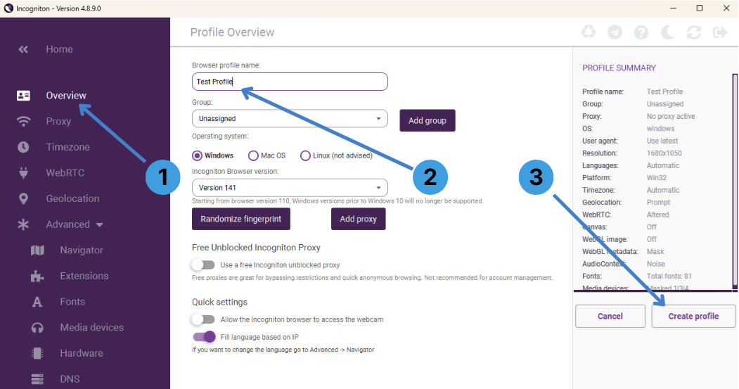 Create a browser profile
