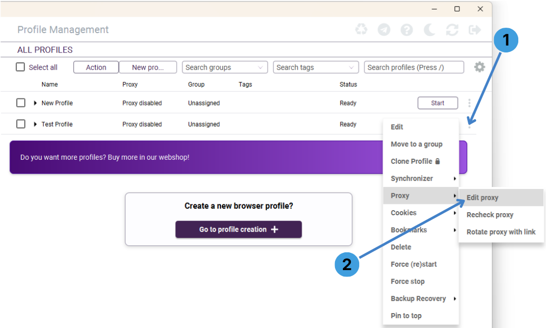 Open proxy settings for a profile