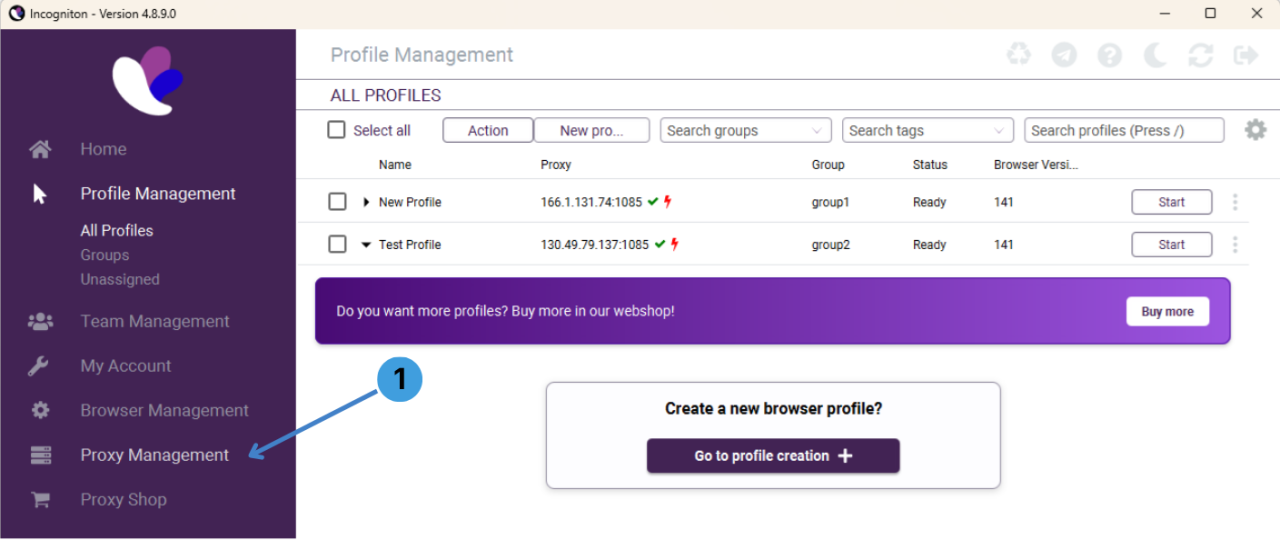 Open the global Proxy Management panel