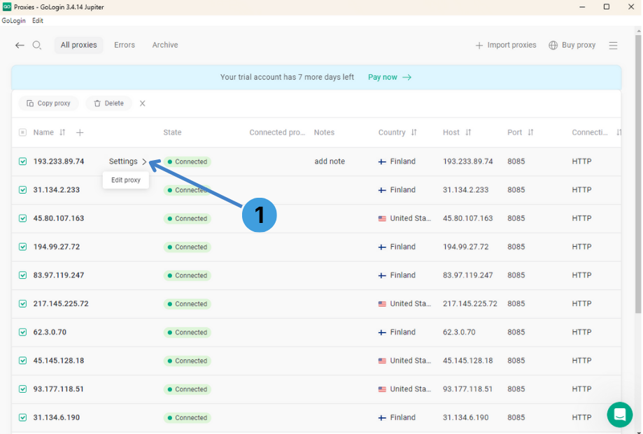 Open proxy settings