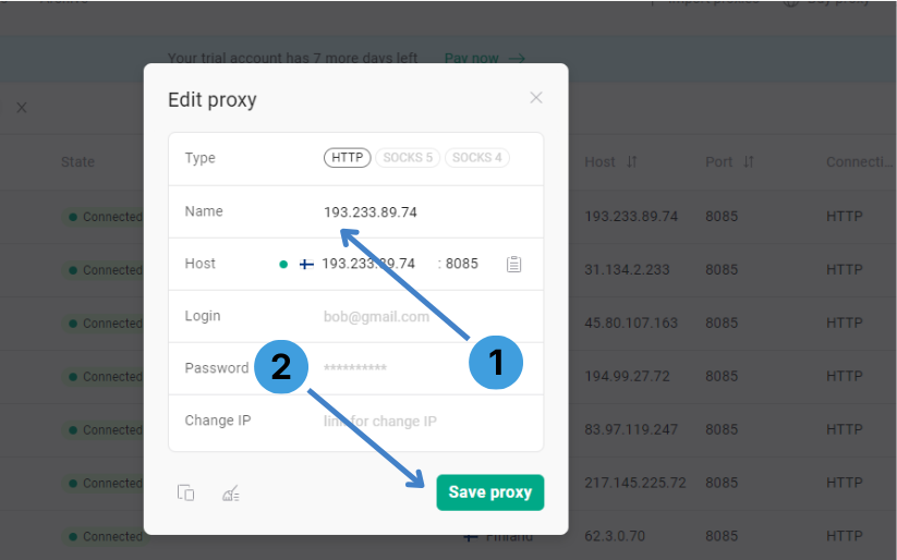 Fill in proxy details
