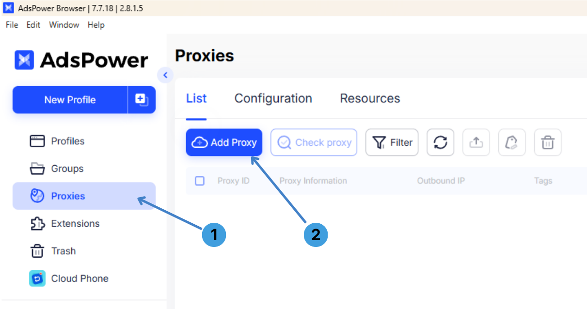 Open the Proxies page and start adding