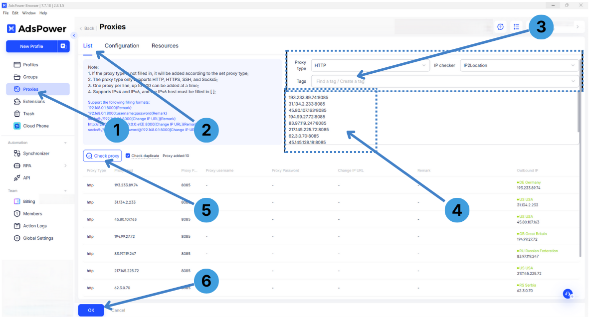 Add proxies in bulk and test them