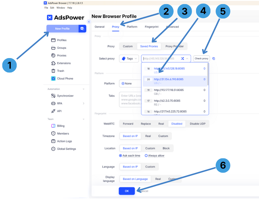 Assign a saved proxy to a browser profile