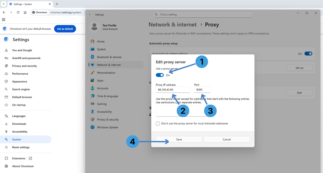 Enter proxy address and port