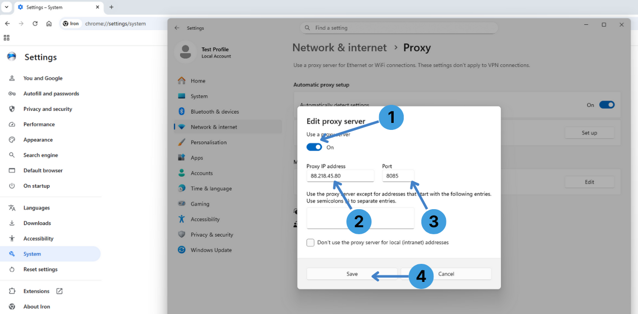 Enter proxy address and port