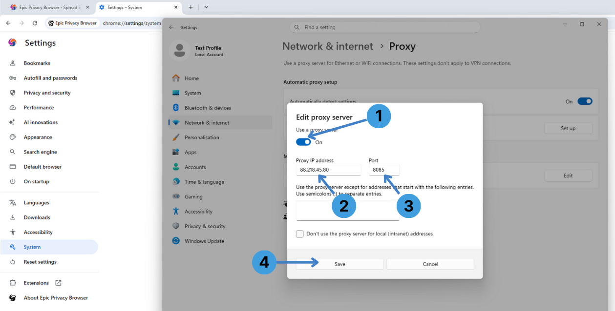 Enter proxy IP and port