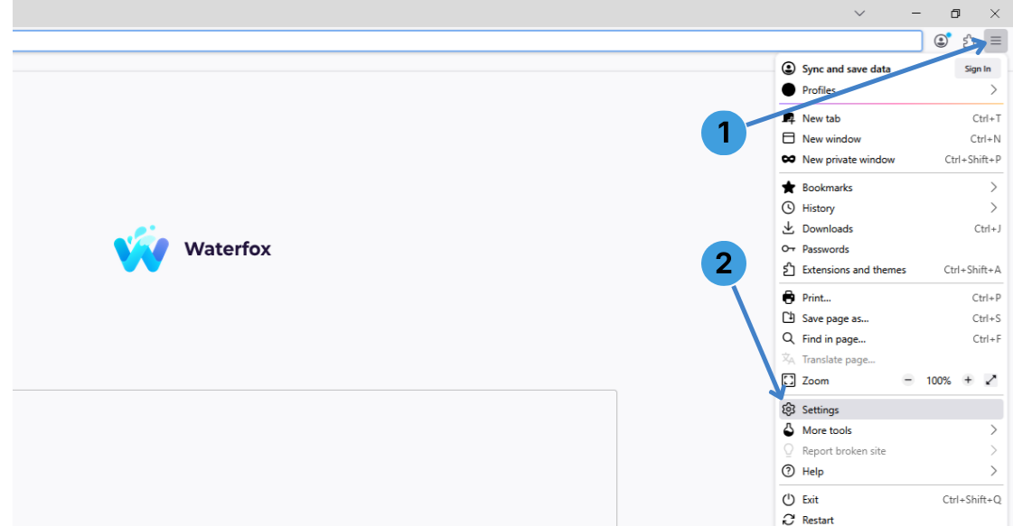 Open the Waterfox menu and Settings