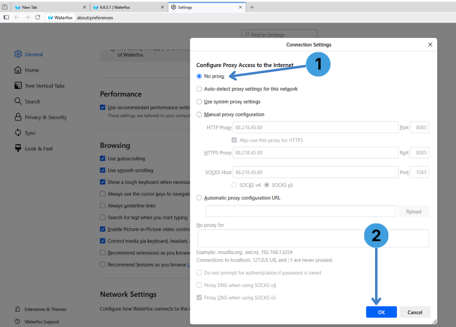 Turn the proxy off in Waterfox