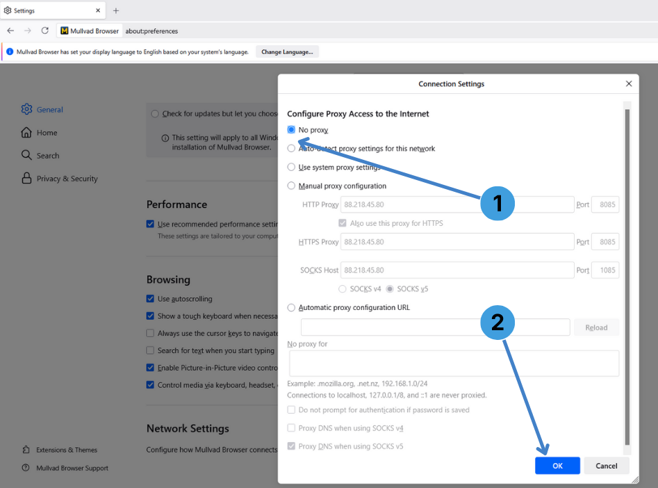Disable the proxy in Mullvad Browser