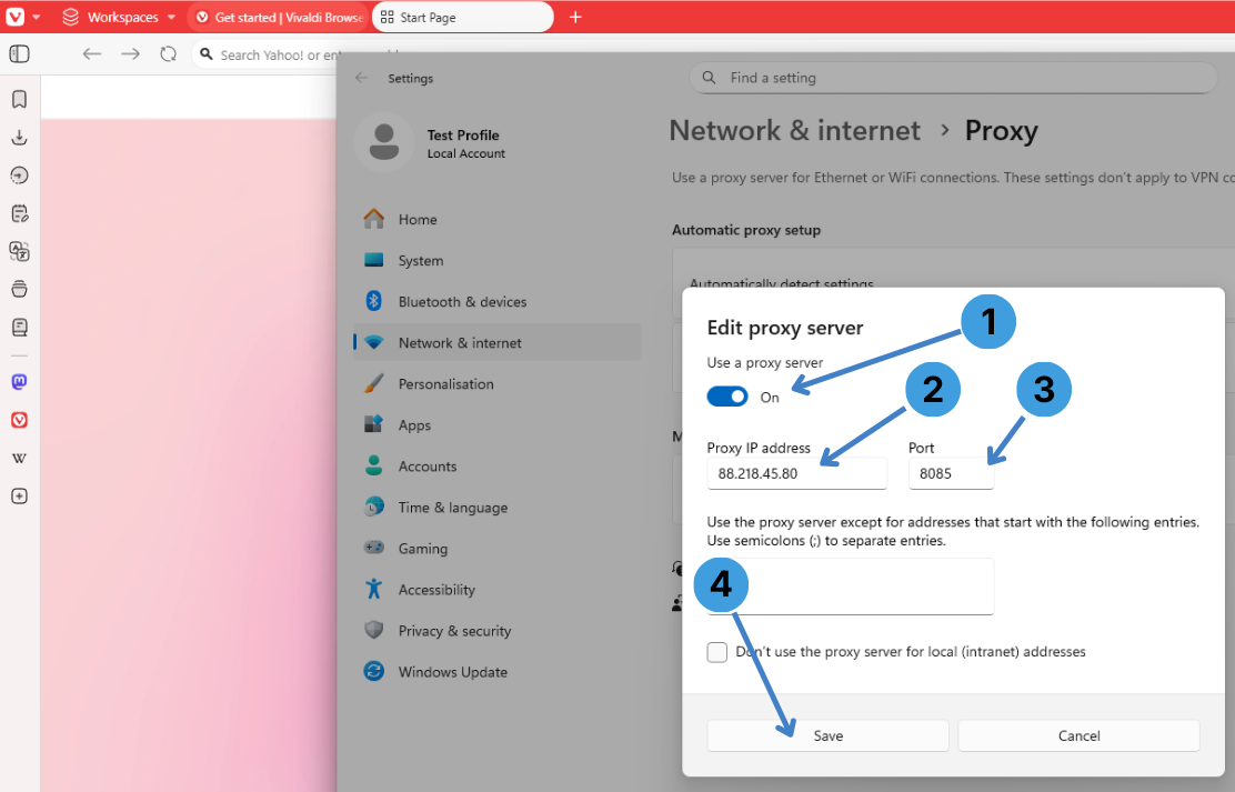 Turn the proxy on and enter server details