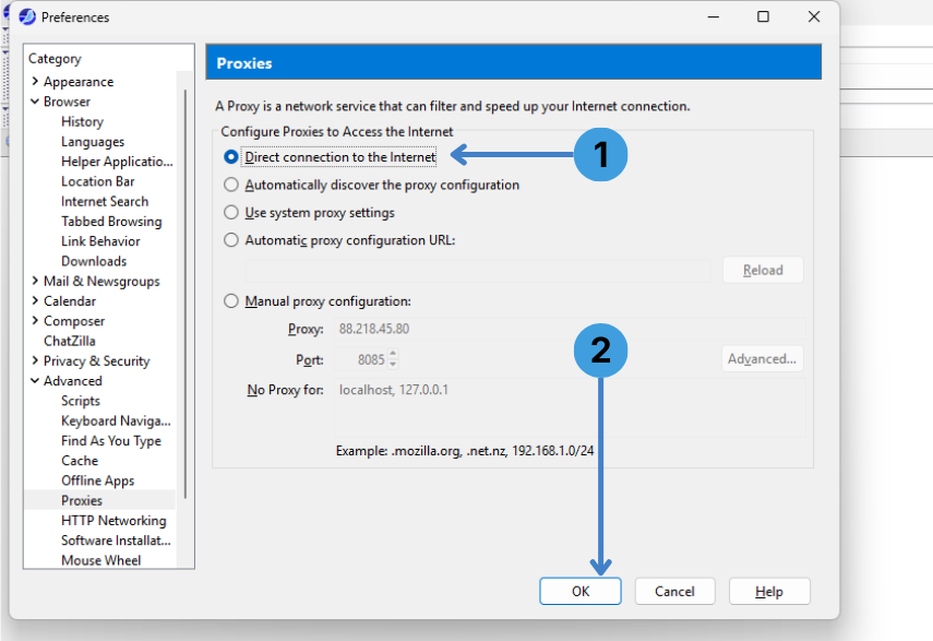 Disable the proxy in SeaMonkey