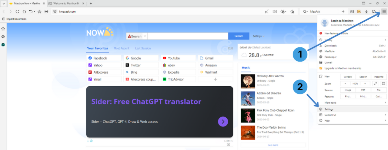 Step 1 – Open Maxthon settings