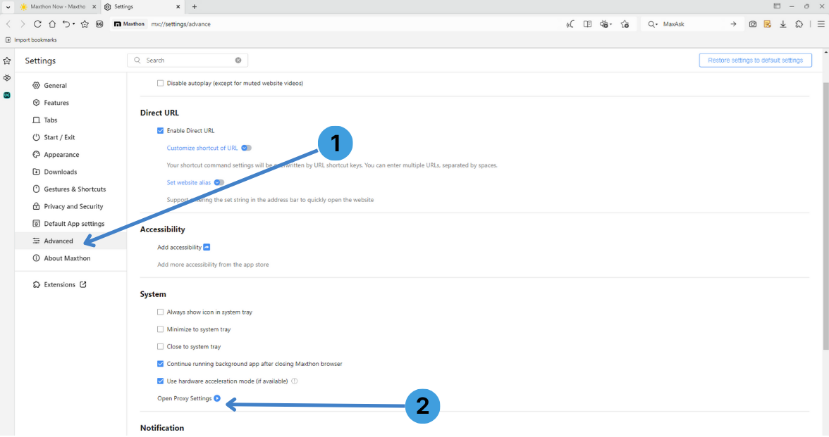 Step 2 – Go to the Advanced section and open system proxy settings