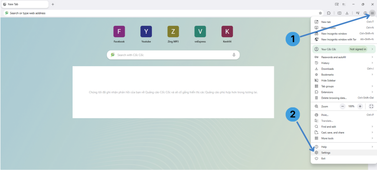 Step 1. Open the Cốc Cốc menu and go to Settings