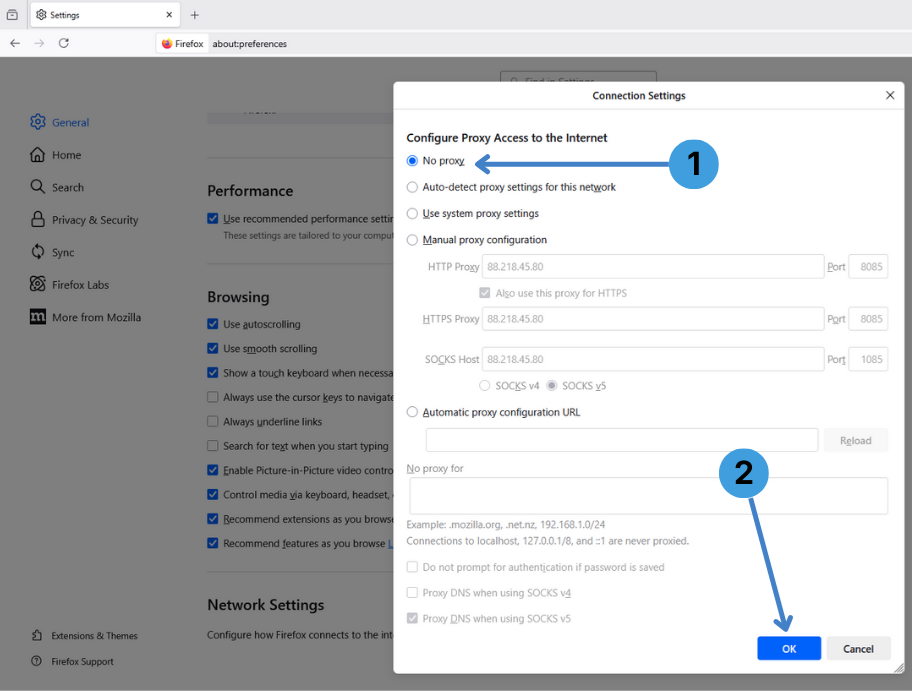 Step 5. Turn the proxy off (No proxy)
