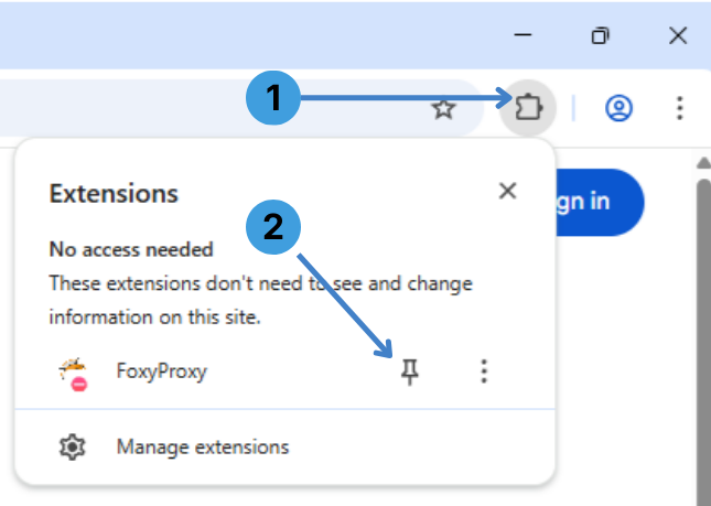 Click the Extensions icon in Chrome and pin FoxyProxy so it stays visible on the toolbar