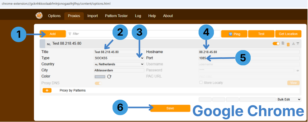 In FoxyProxy for Chrome, click “Add”, enter a title, choose the proxy type, fill in hostname and port, then click “Save”