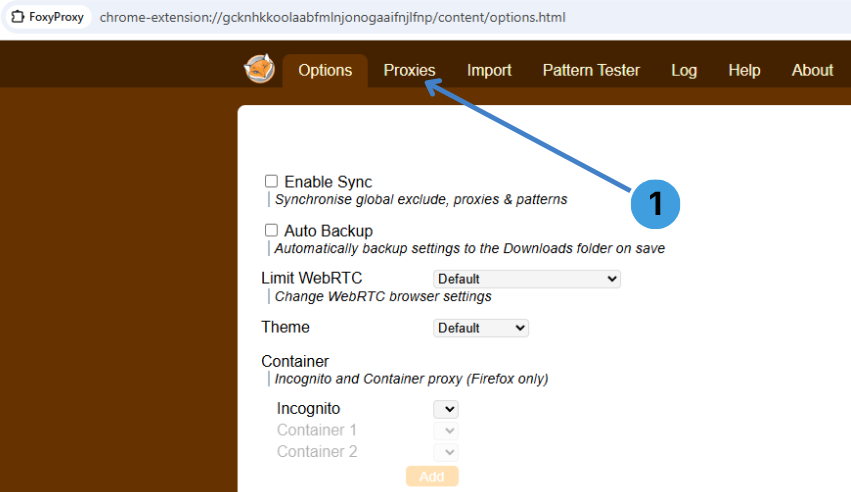 In FoxyProxy Options, click the “Proxies” tab to create and manage proxy profiles