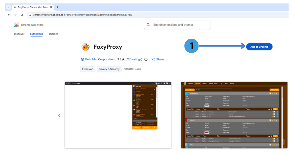 Chrome Web Store page for FoxyProxy showing where to click “Add to Chrome” to install the extension
