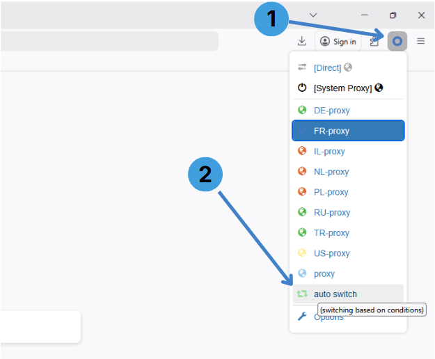 Click the ZeroOmega toolbar icon and select “auto switch” to enable Auto Switch mode
