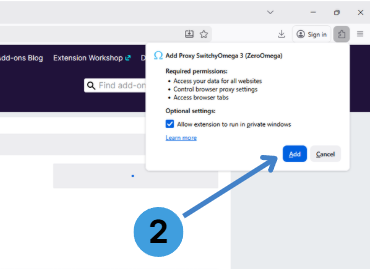 In the Firefox confirmation pop-up, click “Add” to approve the permissions and install ZeroOmega
