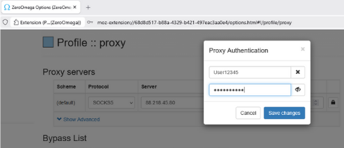 In the Proxy Authentication pop-up, enter your Username and Password, then click “Save changes”
