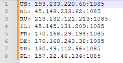 Example proxy list with multiple country proxies used for setting up separate profiles in ZeroOmega

