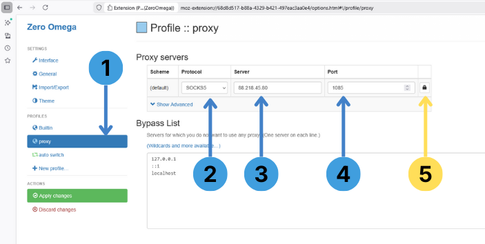 In ZeroOmega, select your profile and fill in protocol, server, and port to set up a proxy quickly
