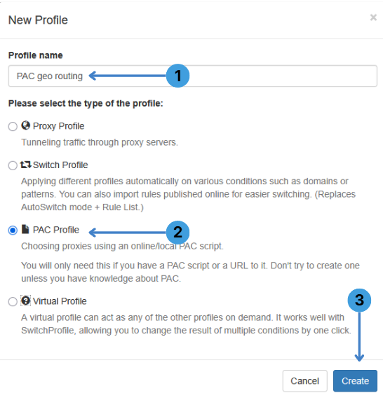 Create a new PAC profile in ZeroOmega by entering a profile name, selecting “PAC Profile”, and clicking “Create”
