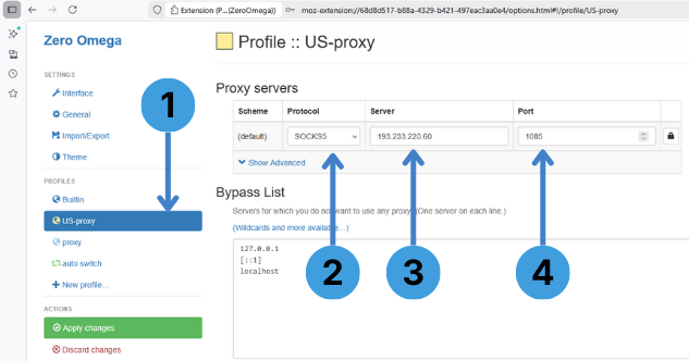 Select your new profile in ZeroOmega and enter the proxy protocol, server IP, and port
