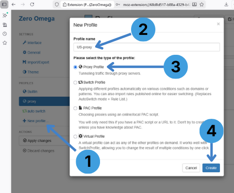 In ZeroOmega, click “New profile”, enter a profile name, choose “Proxy Profile”, then click “Create”
