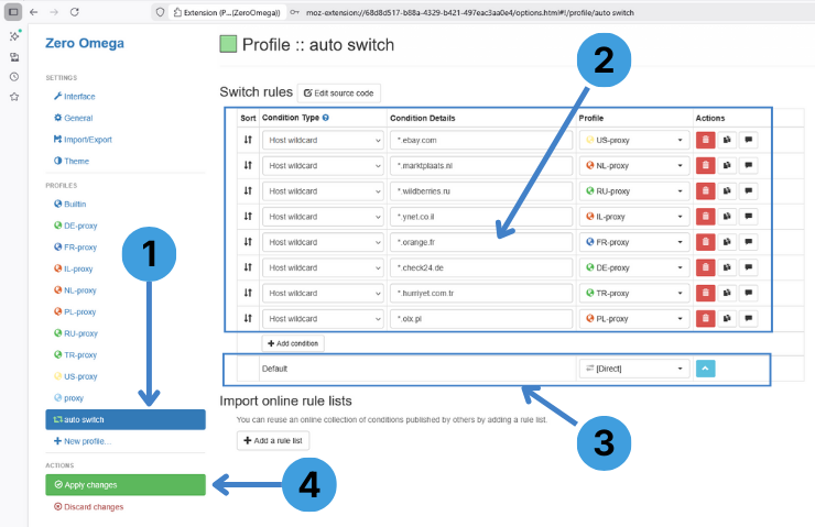 Open “auto switch” in ZeroOmega and add switch rules that assign specific websites to specific proxy profiles
